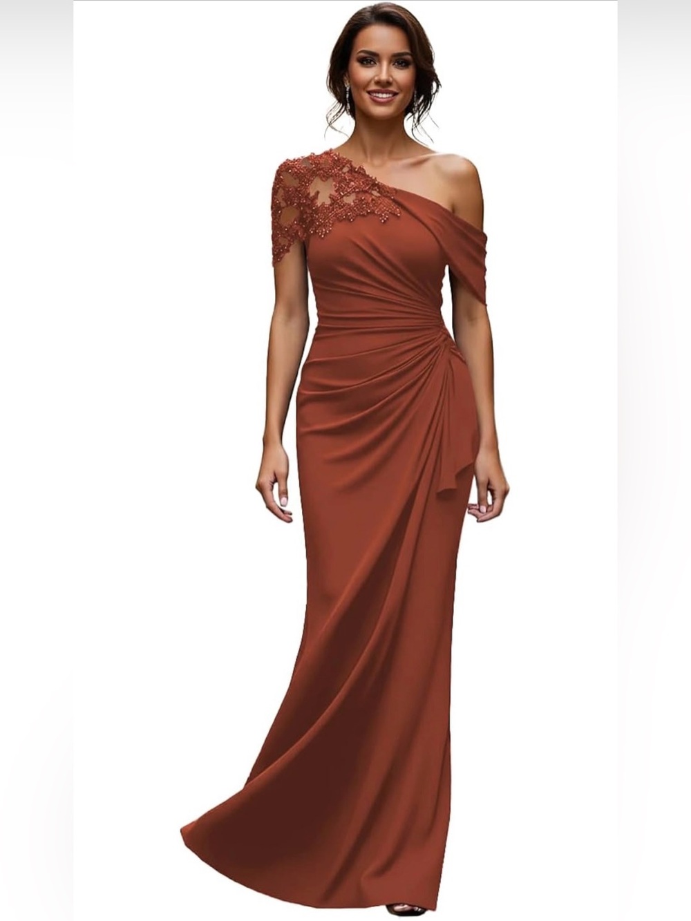 Ouyamei Women’s One-Shoulder Rust Evening Gown NWT